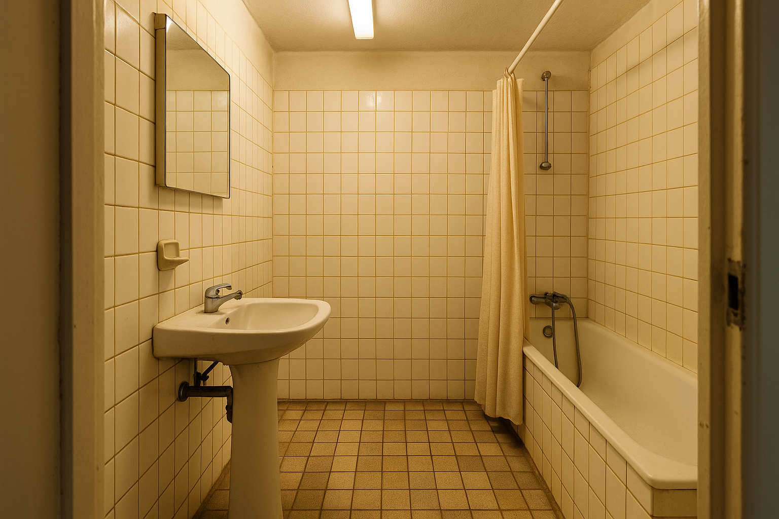 Badeværelse før renovering med gamle fliser og badekar