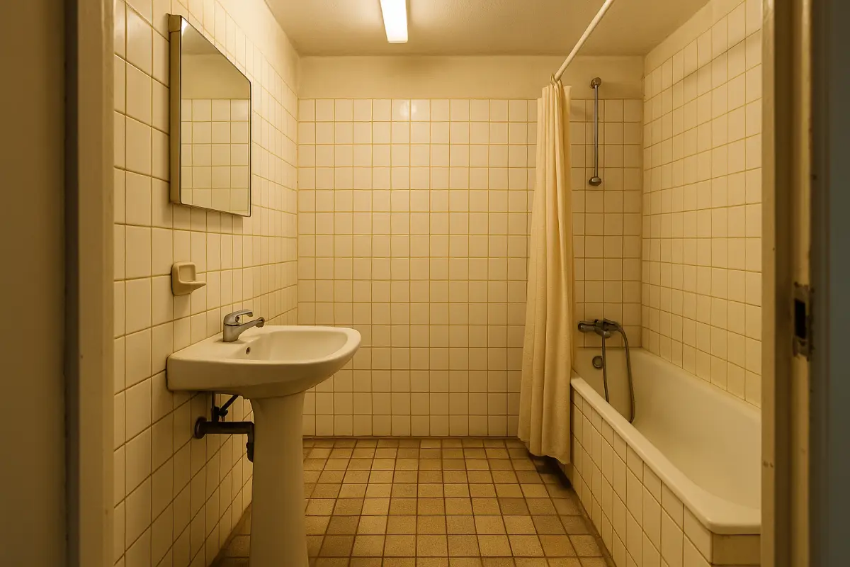 Badeværelse før renovering med gamle fliser og badekar