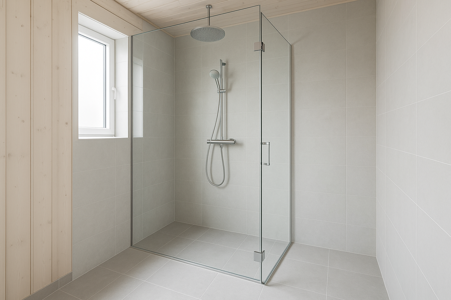 Moderne walk-in bruser med klart glas og regnbruser i krom