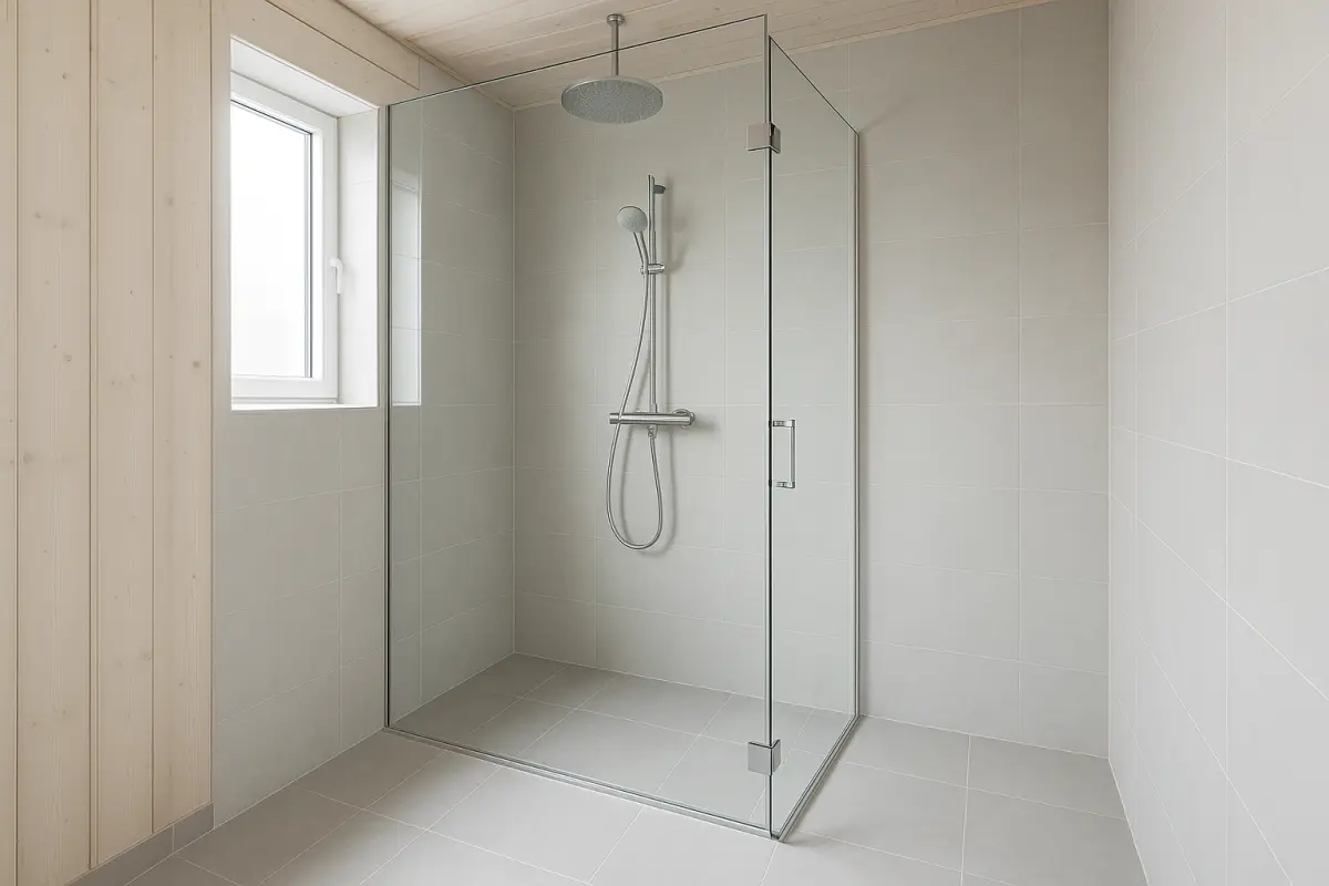 Moderne walk-in bruser med klart glas og regnbruser i krom
