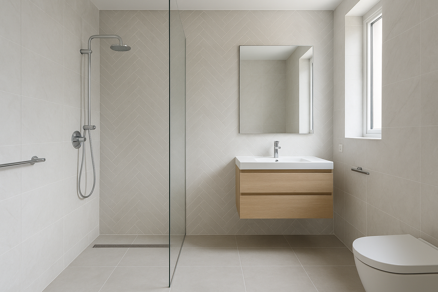 Fliseopsætning i badeværelse med store hvide fliser og grå fuger