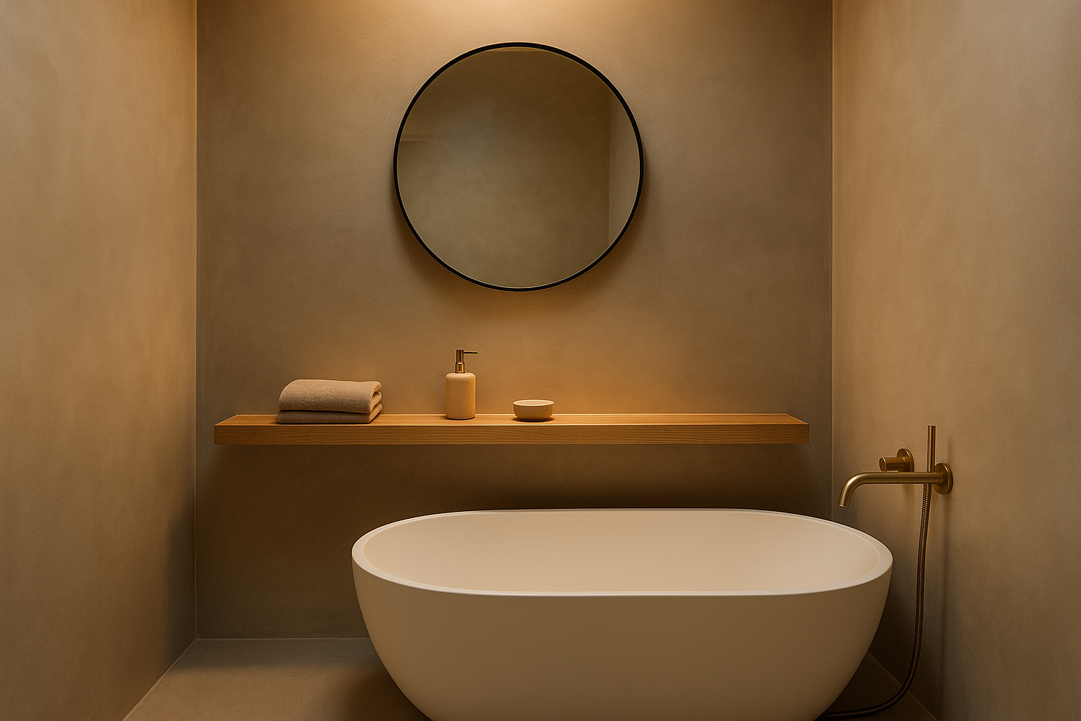 Badeværelse med beige silkecement på vægge og gulv med fritstående badekar