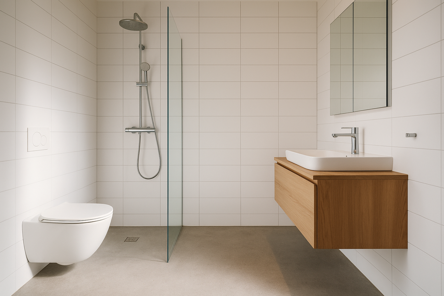 Nyrenoveret badeværelse med hvide fliser og walk-in bruser